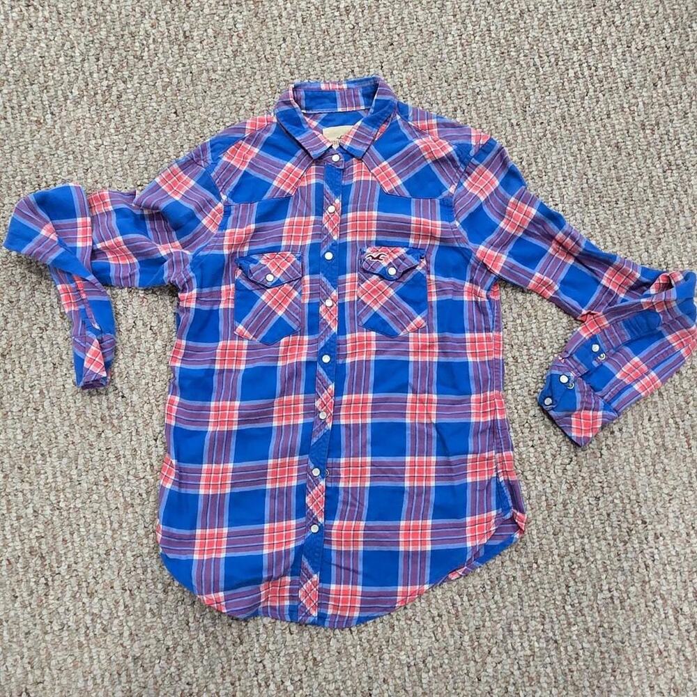 Hollister Co. vintage y2k 2000s womens blue pink white plaid button-up shirt XS